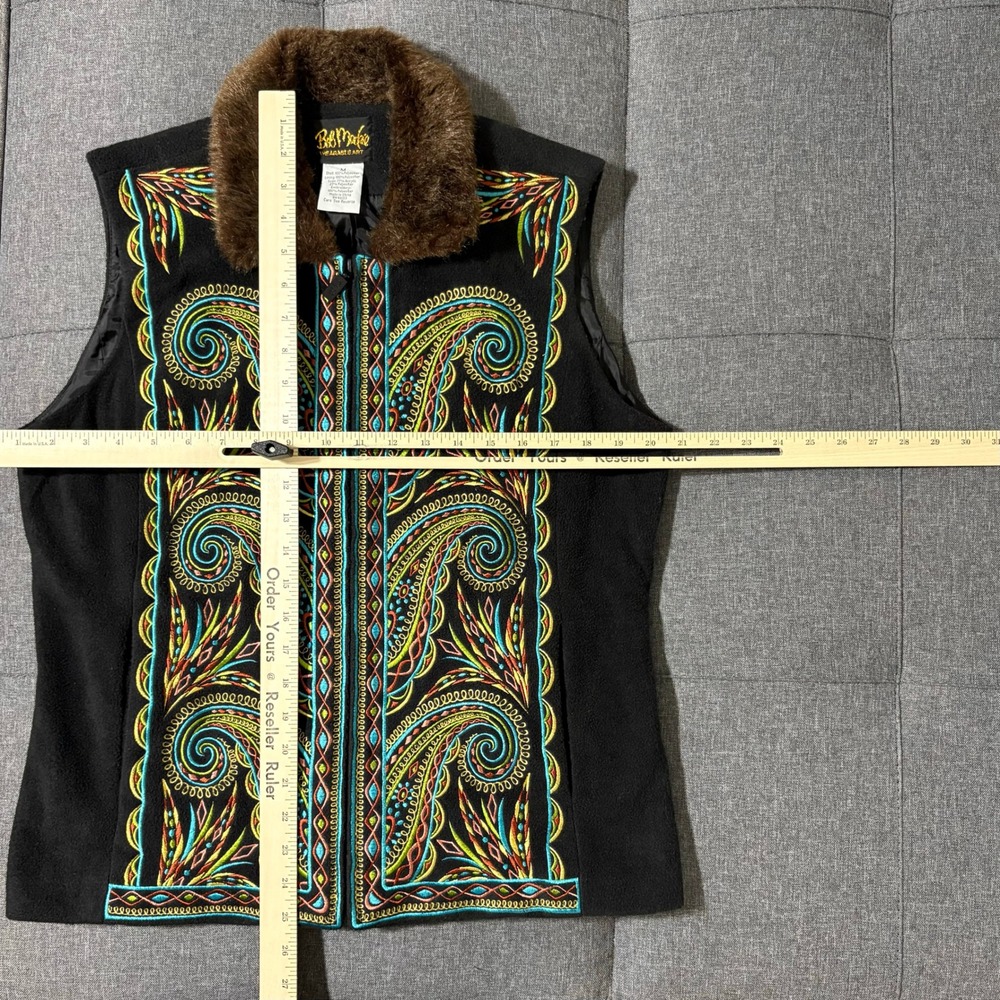 Vintage Bob Macke Vest Women Medium Black Faux Fur Embroidered Wearable Art - Picture 4 of 6